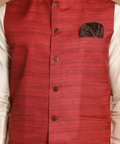Kurta Sets VASTRAMAY Men's Maroon Textured Nehru Jacket With Cream Kurta And Pyjama Set 11 Kurta Sets VASTRAMAY Men's Maroon Textured Nehru Jacket With Cream Kurta And Pyjama Set