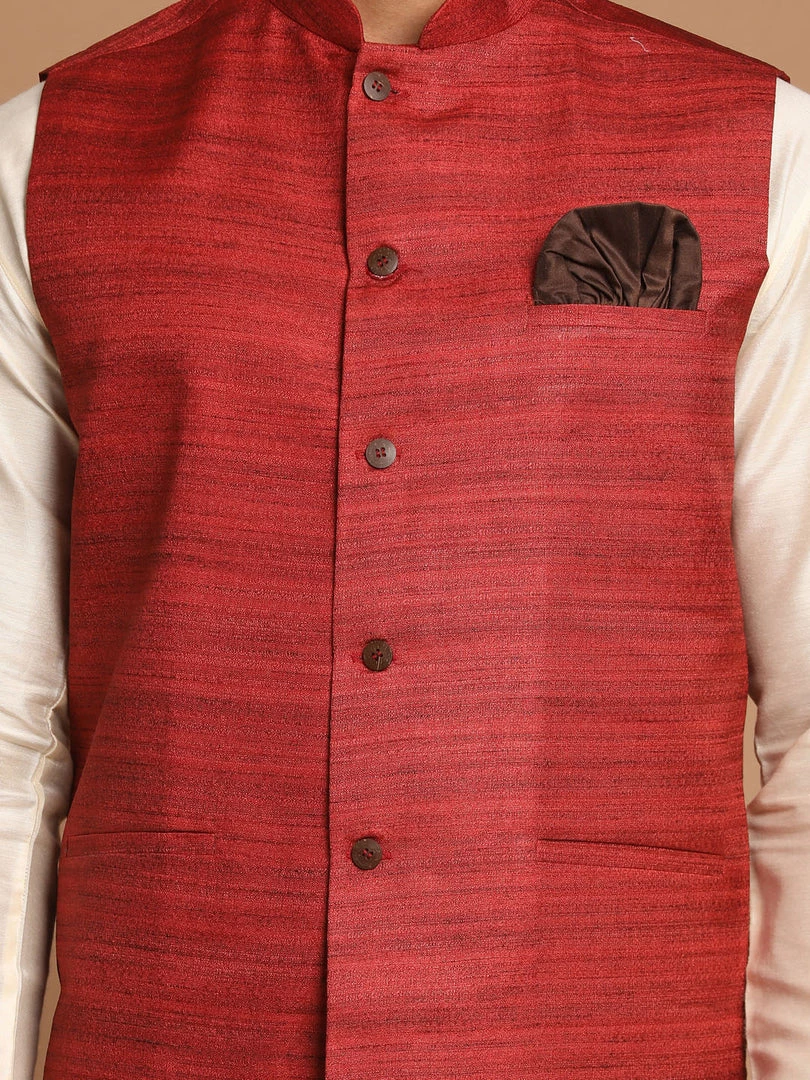 Kurta Sets VASTRAMAY Men's Maroon Textured Nehru Jacket With Cream Kurta And Pyjama Set 6 Kurta Sets VASTRAMAY Men's Maroon Textured Nehru Jacket With Cream Kurta And Pyjama Set