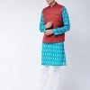 VASTRAMAY Men's Maroon Silk Blend Ethnic Jacket With Turquoise And White Kurta Pyjama Set 2 VASTRAMAY Men's Maroon Silk Blend Ethnic Jacket With Turquoise And White Kurta Pyjama Set