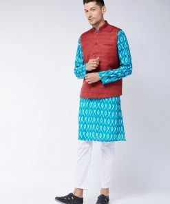 VASTRAMAY Men's Maroon Silk Blend Ethnic Jacket With Turquoise And White Kurta Pyjama Set
