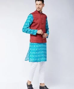 VASTRAMAY Men's Maroon Silk Blend Ethnic Jacket With Turquoise And White Kurta Pyjama Set