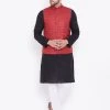 Vastramay Men's Maroon, Black And White Cotton Blend Jacket, Kurta And Pyjama Set