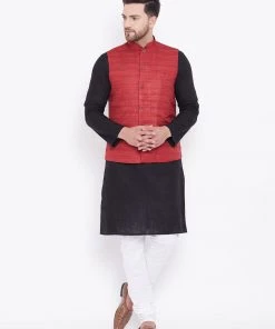 Vastramay Men's Maroon, Black And White Cotton Blend Jacket, Kurta And Pyjama Set