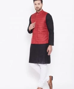 Vastramay Men's Maroon, Black And White Cotton Blend Jacket, Kurta And Pyjama Set