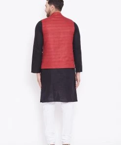 Vastramay Men's Maroon, Black And White Cotton Blend Jacket, Kurta And Pyjama Set