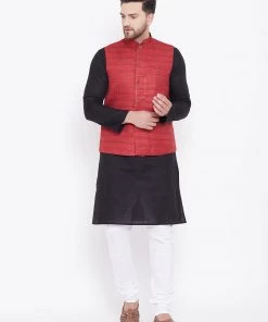Vastramay Men's Maroon, Black And White Cotton Blend Jacket, Kurta And Pyjama Set