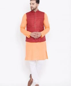Kurta Sets Vastramay Men's Maroon, Fawn And White Cotton Blend Jacket, Kurta And Pyjama Set