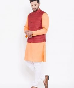 Kurta Sets Vastramay Men's Maroon, Fawn And White Cotton Blend Jacket, Kurta And Pyjama Set