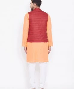 Kurta Sets Vastramay Men's Maroon, Fawn And White Cotton Blend Jacket, Kurta And Pyjama Set