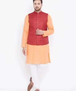 Kurta Sets Vastramay Men's Maroon, Fawn And White Cotton Blend Jacket, Kurta And Pyjama Set