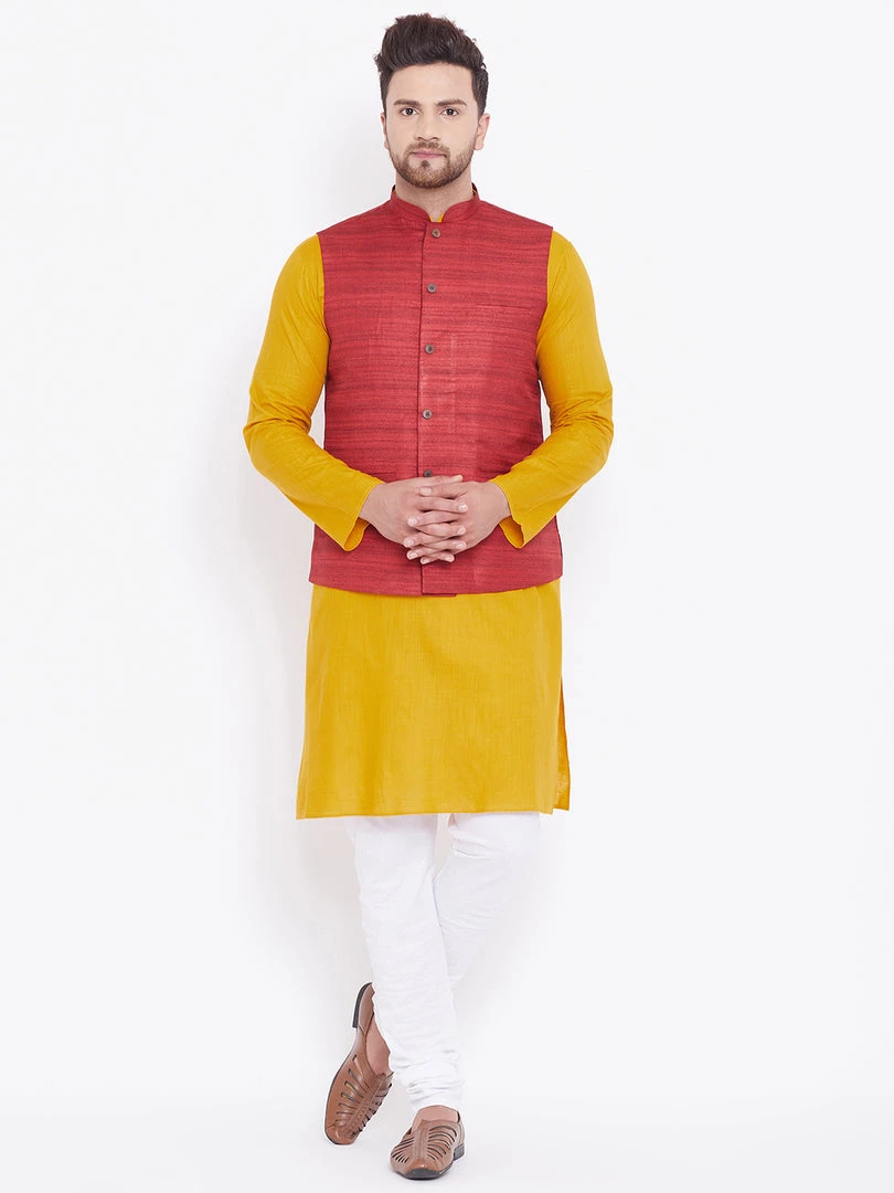Vastramay Men's Maroon, Mustard And White Cotton Blend Jacket, Kurta And Pyjama Set 9 Vastramay Men's Maroon, Mustard And White Cotton Blend Jacket, Kurta And Pyjama Set