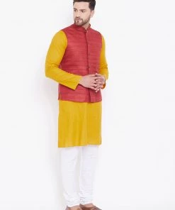 Vastramay Men's Maroon, Mustard And White Cotton Blend Jacket, Kurta And Pyjama Set 13 Vastramay Men's Maroon, Mustard And White Cotton Blend Jacket, Kurta And Pyjama Set