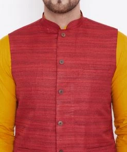 Vastramay Maroon, Mustard And White Baap Beta Nehru Jacket Kurta Pyjama Set