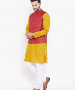 Vastramay Men's Maroon, Mustard And White Cotton Blend Jacket, Kurta And Pyjama Set 12 Vastramay Men's Maroon, Mustard And White Cotton Blend Jacket, Kurta And Pyjama Set