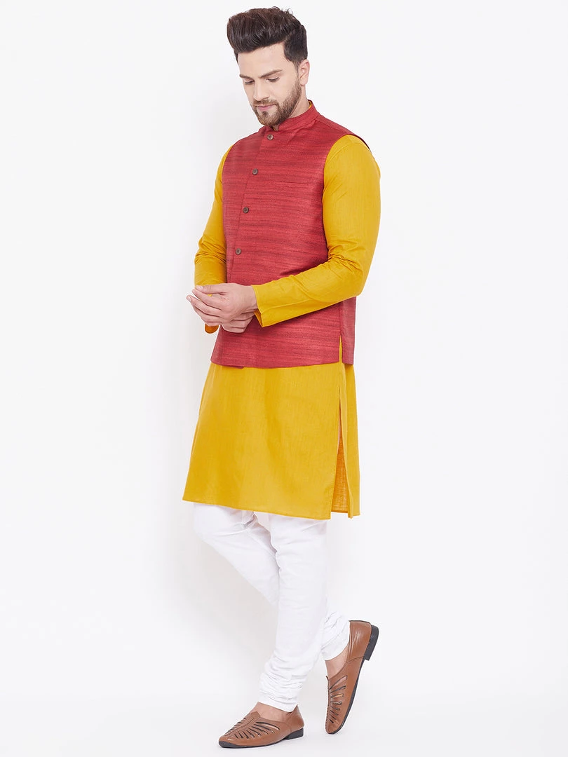 Vastramay Men's Maroon, Mustard And White Cotton Blend Jacket, Kurta And Pyjama Set 5 Vastramay Men's Maroon, Mustard And White Cotton Blend Jacket, Kurta And Pyjama Set
