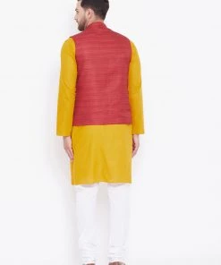 Vastramay Maroon, Mustard And White Baap Beta Nehru Jacket Kurta Pyjama Set
