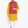 Vastramay Men's Maroon, Mustard And White Cotton Blend Jacket, Kurta And Pyjama Set
