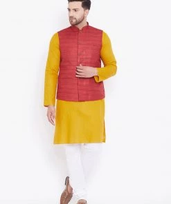 Vastramay Men's Maroon, Mustard And White Cotton Blend Jacket, Kurta And Pyjama Set