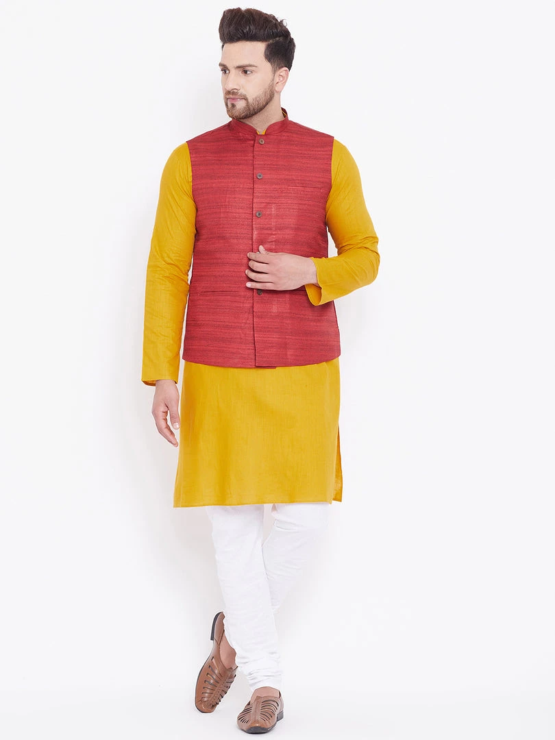 Vastramay Men's Maroon, Mustard And White Cotton Blend Jacket, Kurta And Pyjama Set 3 Vastramay Men's Maroon, Mustard And White Cotton Blend Jacket, Kurta And Pyjama Set