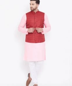 Vastramay Men's Maroon, Pink And White Cotton Blend Jacket, Kurta And Pyjama Set Kurta Sets