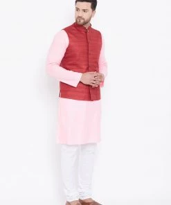 Vastramay Men's Maroon, Pink And White Cotton Blend Jacket, Kurta And Pyjama Set Kurta Sets