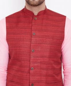 Vastramay Maroon, Pink And White Baap Beta Nehru Jacket Kurta Pyjama Set 14 Vastramay Maroon, Pink And White Baap Beta Nehru Jacket Kurta Pyjama Set