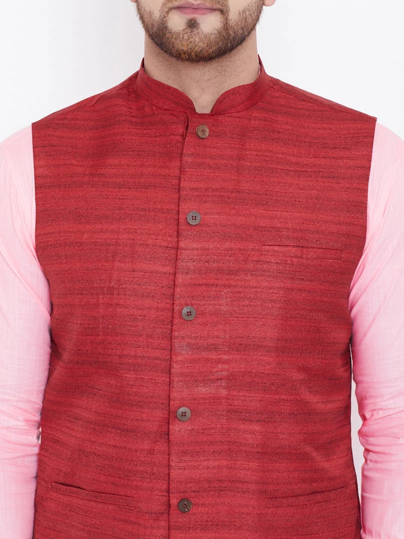 Vastramay Maroon, Pink And White Baap Beta Nehru Jacket Kurta Pyjama Set 8 Vastramay Maroon, Pink And White Baap Beta Nehru Jacket Kurta Pyjama Set