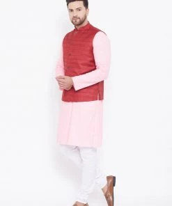 Vastramay Maroon, Pink And White Baap Beta Nehru Jacket Kurta Pyjama Set