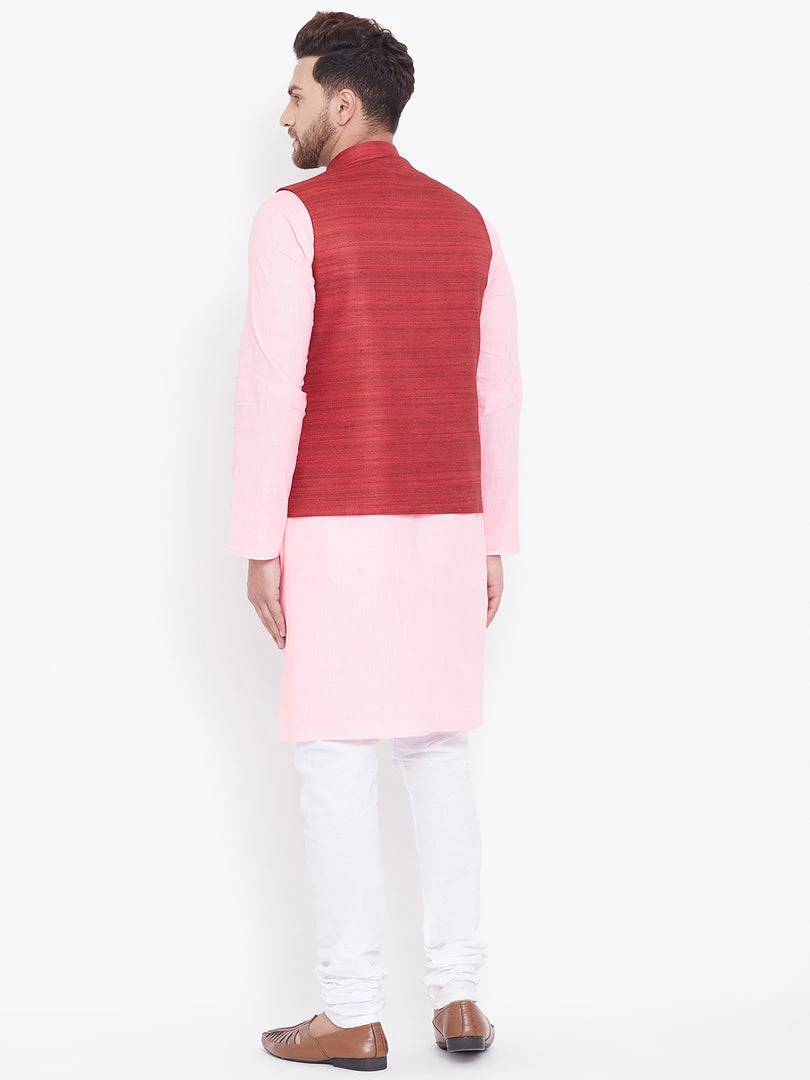 Vastramay Maroon, Pink And White Baap Beta Nehru Jacket Kurta Pyjama Set 5 Vastramay Maroon, Pink And White Baap Beta Nehru Jacket Kurta Pyjama Set