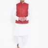 Vastramay Men's Maroon And White Cotton Blend Jacket, Kurta And Pyjama Set