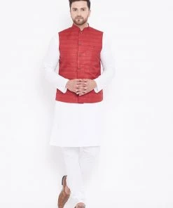 Vastramay Men's Maroon And White Cotton Blend Jacket, Kurta And Pyjama Set