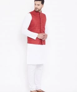 Vastramay Men's Maroon And White Cotton Blend Jacket, Kurta And Pyjama Set