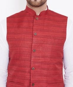 Vastramay Men's Maroon And White Cotton Blend Jacket, Kurta And Pyjama Set