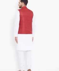 Vastramay Men's Maroon And White Cotton Blend Jacket, Kurta And Pyjama Set