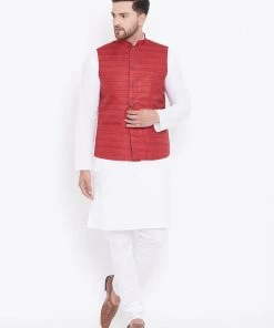Vastramay Men's Maroon And White Cotton Blend Jacket, Kurta And Pyjama Set