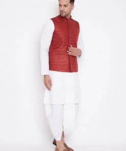 Kurta Sets Vastramay Men's Maroon And White Cotton Blend Jacket, Kurta And Dhoti Set