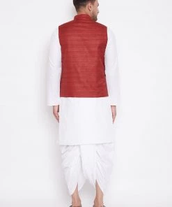 Kurta Sets Vastramay Men's Maroon And White Cotton Blend Jacket, Kurta And Dhoti Set