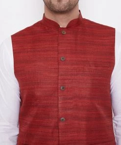 Kurta Sets Vastramay Men's Maroon And White Cotton Blend Jacket, Kurta And Dhoti Set