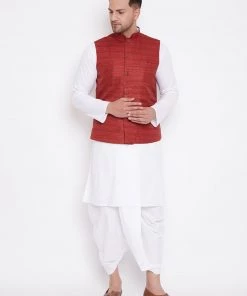 Kurta Sets Vastramay Men's Maroon And White Cotton Blend Jacket, Kurta And Dhoti Set