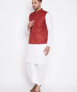 Kurta Sets Vastramay Men's Maroon And White Cotton Blend Jacket, Kurta And Dhoti Set