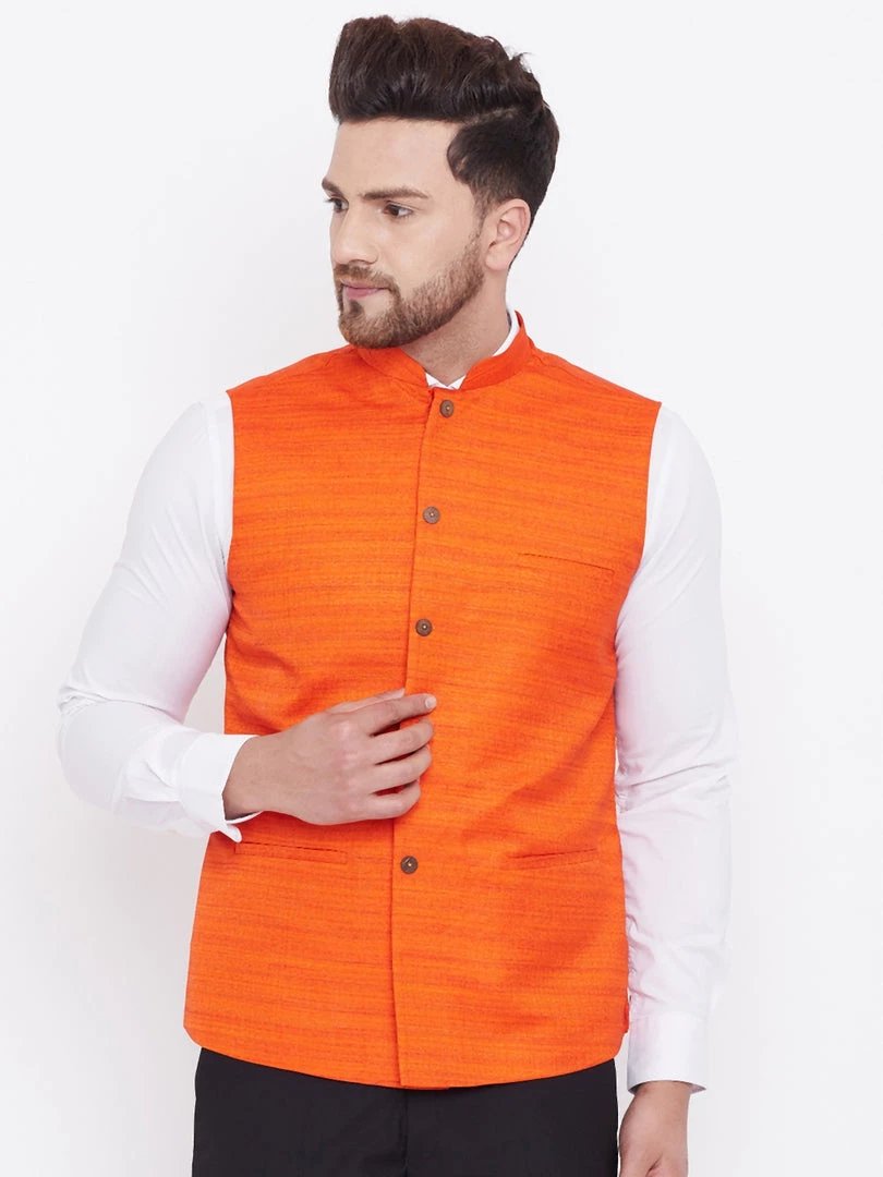 Vastramay Men's Orange Silk Blend Nehru Jacket 3 Vastramay Men's Orange Silk Blend Nehru Jacket