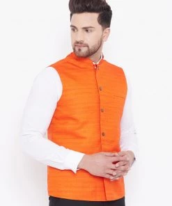 Vastramay Men's Orange Silk Blend Nehru Jacket