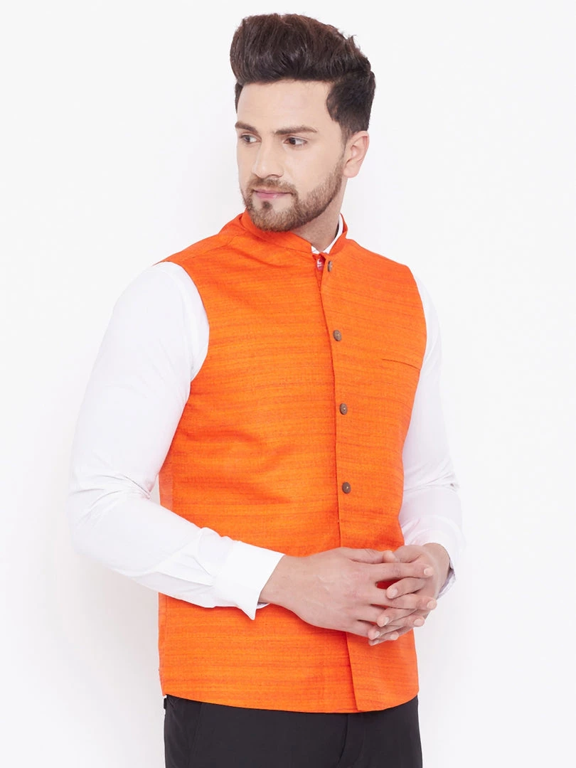 Vastramay Men's Orange Silk Blend Nehru Jacket 4 Vastramay Men's Orange Silk Blend Nehru Jacket
