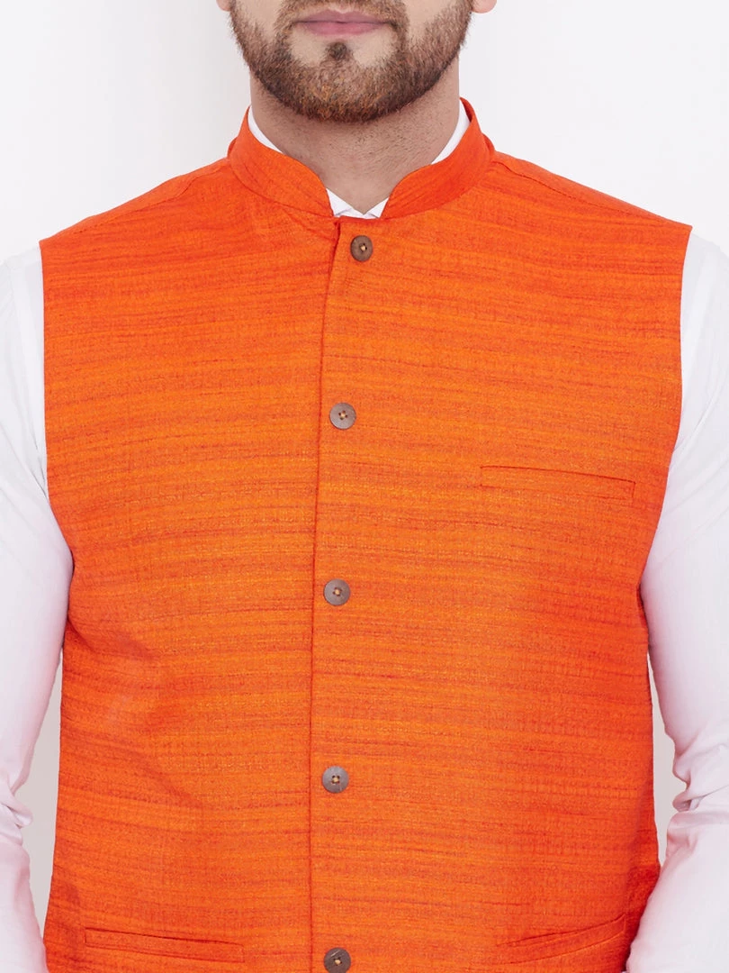Vastramay Men's Orange Silk Blend Nehru Jacket 7 Vastramay Men's Orange Silk Blend Nehru Jacket