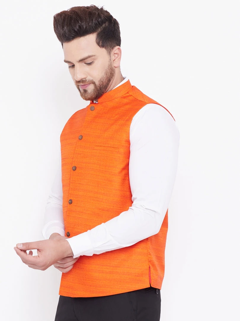 Vastramay Men's Orange Silk Blend Nehru Jacket 6 Vastramay Men's Orange Silk Blend Nehru Jacket