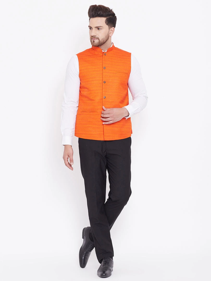 Vastramay Men's Orange Silk Blend Nehru Jacket 8 Vastramay Men's Orange Silk Blend Nehru Jacket