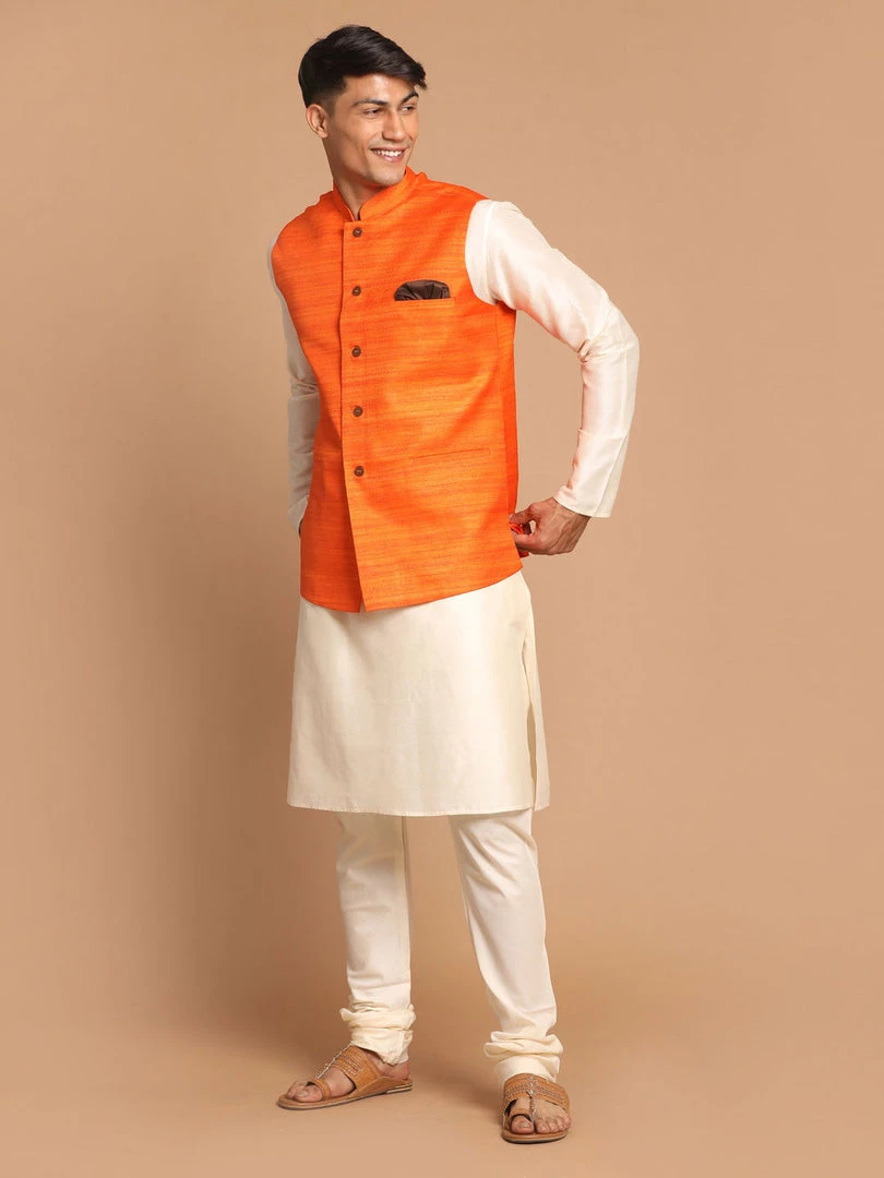 VASTRAMAY Men's Orange Cotton Blend Jacket With Cream Solid Kurta And Pyjama Set Jacket Kurta Sets 4 VASTRAMAY Men's Orange Cotton Blend Jacket With Cream Solid Kurta And Pyjama Set Jacket Kurta Sets