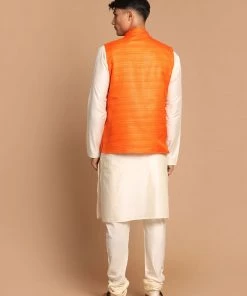 VASTRAMAY Men's Orange Cotton Blend Jacket With Cream Solid Kurta And Pyjama Set Jacket Kurta Sets 10 VASTRAMAY Men's Orange Cotton Blend Jacket With Cream Solid Kurta And Pyjama Set Jacket Kurta Sets