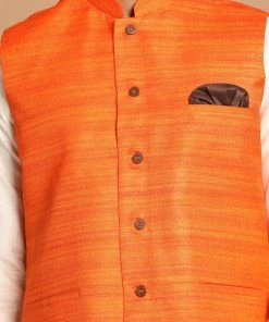 VASTRAMAY Men's Orange Cotton Blend Jacket With Cream Solid Kurta And Pyjama Set Jacket Kurta Sets 11 VASTRAMAY Men's Orange Cotton Blend Jacket With Cream Solid Kurta And Pyjama Set Jacket Kurta Sets