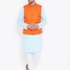 Vastramay Men's Orange, Aqua And White Cotton Blend Jacket, Kurta And Pyjama Set Kurta Sets